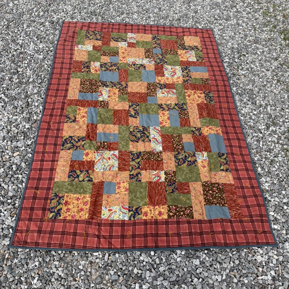 Vintage Handmade Patchwork Quilt Earth Tones Country Cottagecore Cozy 56 x 80